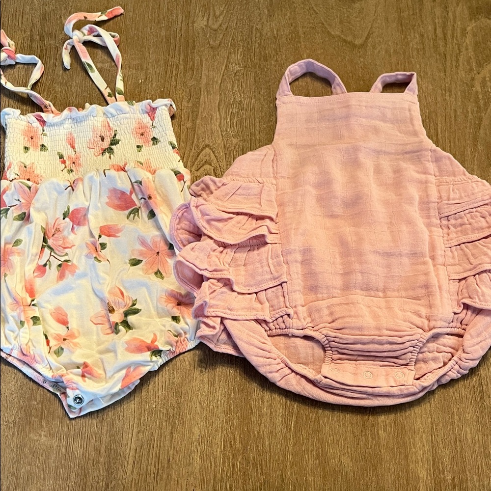 Angel Dear White Smocked Floral Tank Romper in Peach & Green